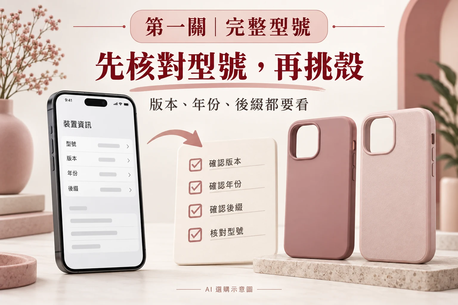 第一關:核對完整型號、版本、年份與後綴。AI 選購示意圖,裝置資訊畫面與殼體均非實際產品規格。