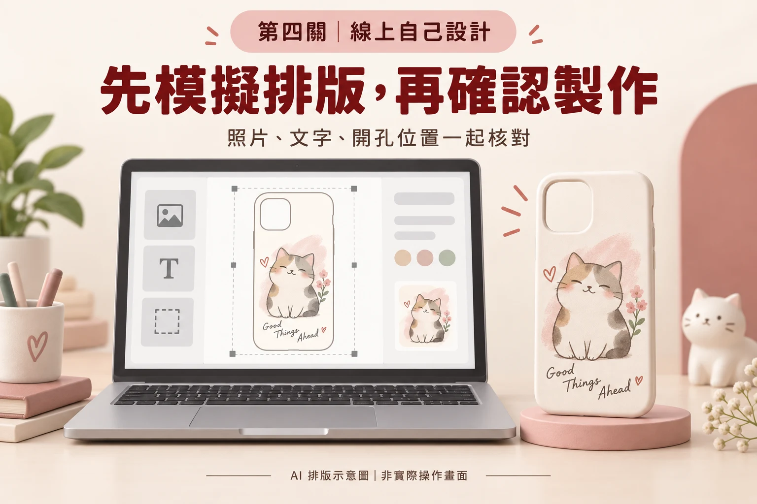 第四關:先模擬照片與文字排版,再確認製作。AI 排版示意圖,非 PPBears 實際操作畫面或商品實拍。