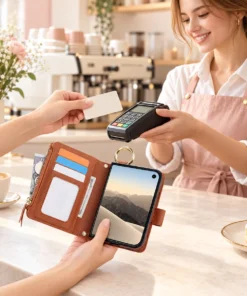 IPHONE DUO 多功能指環手機皮套，卡片與拉鍊袋收納情境，柔粉米白風格