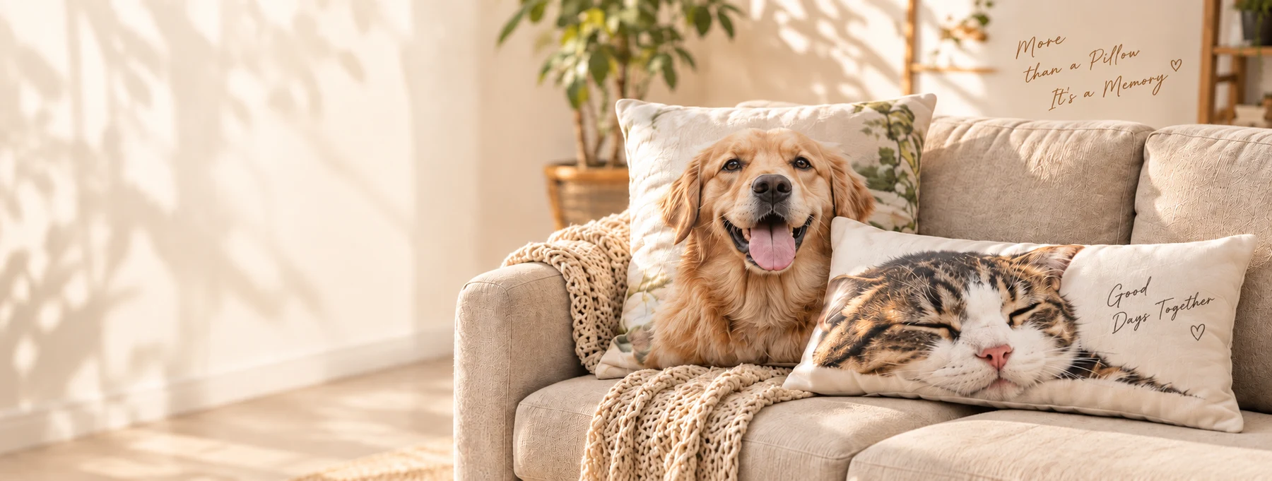AI 情境示意：方形黃金獵犬照片抱枕與長型貓咪照片抱枕擺放於奶油色沙發