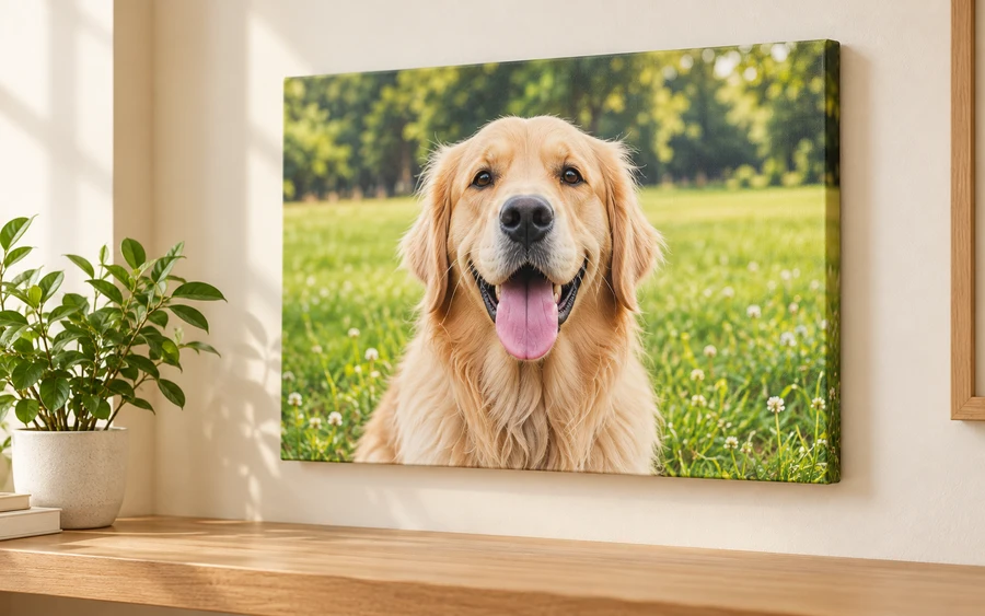AI 情境示意：黃金獵犬照片無框畫
