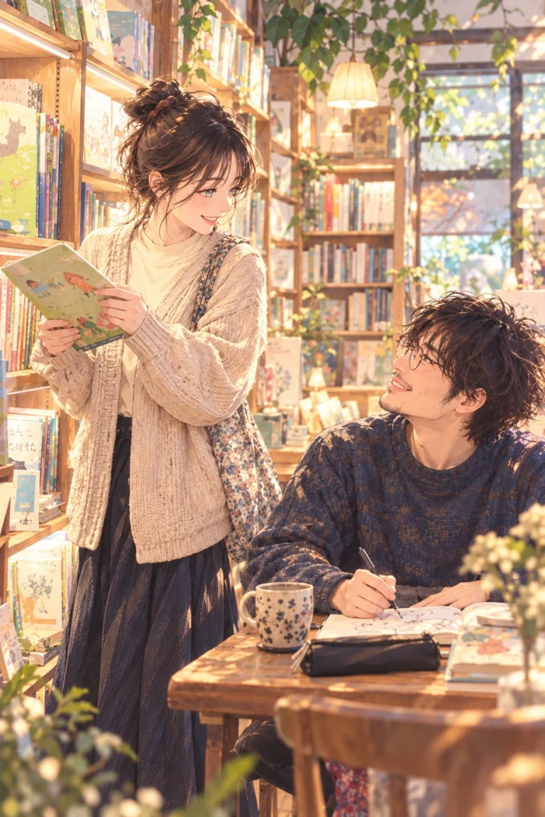 J02 日系動漫似顏繪：書店裡的溫柔雙人時光