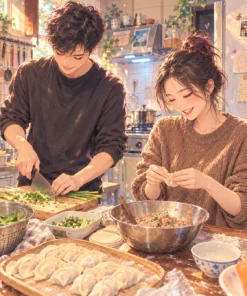 J02 二次元照片卡通畫：暖光廚房裡一起包水餃的情侶