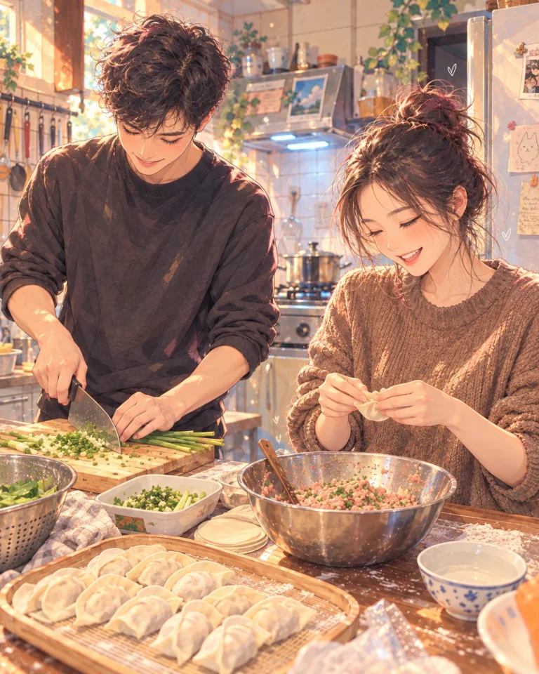 J02 二次元照片卡通畫：暖光廚房裡一起包水餃的情侶