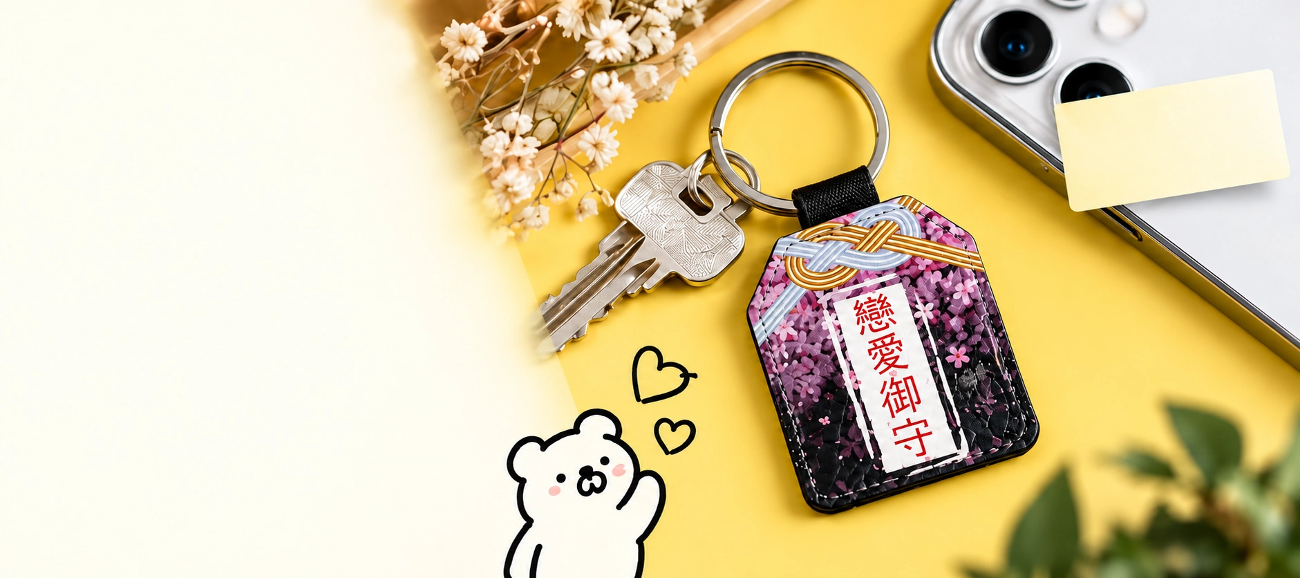 黃色桌面上的櫻花御守 NFC 鑰匙圈、鑰匙與手機，客製化設計示意