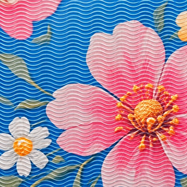 波紋透明紋理覆在彩色花卉圖案上的放大模擬
