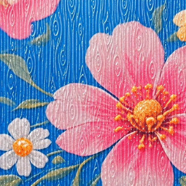 木紋透明紋理覆在彩色花卉圖案上的放大模擬