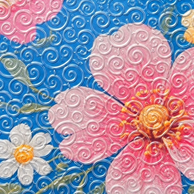 騰雲透明紋理覆在彩色花卉圖案上的放大模擬