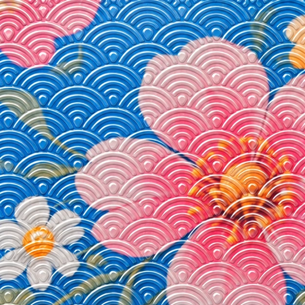 日式透明紋理覆在彩色花卉圖案上的放大模擬