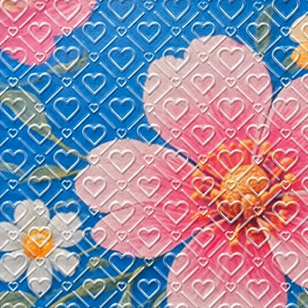 愛心透明紋理覆在彩色花卉圖案上的放大模擬