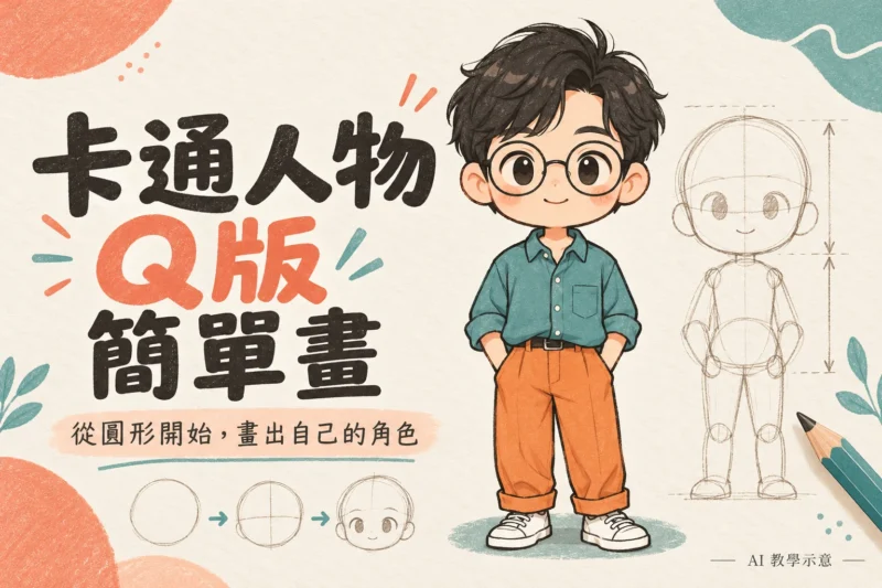 卡通人物Q版簡單畫教學首圖：原創短髮眼鏡人物與圓形草稿，附繁體中文標題；AI 教學示意。