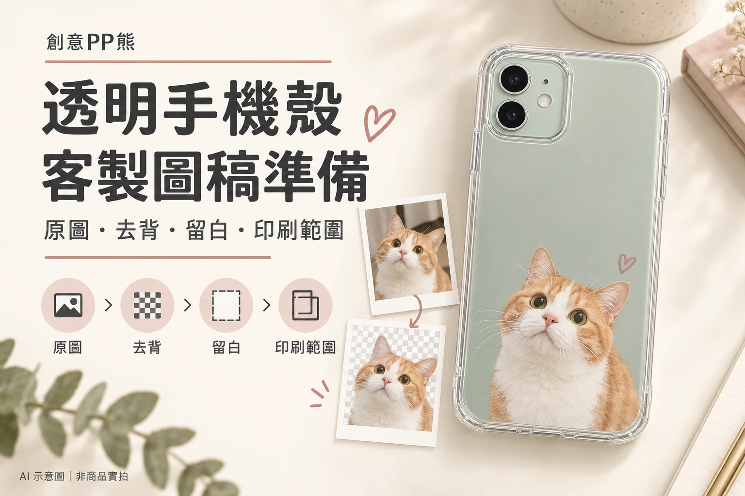 透明手機殼客製圖稿準備：原圖、去背、留白與印刷範圍。綠色手機搭配貓咪圖案的 AI 示意圖，非商品實拍。