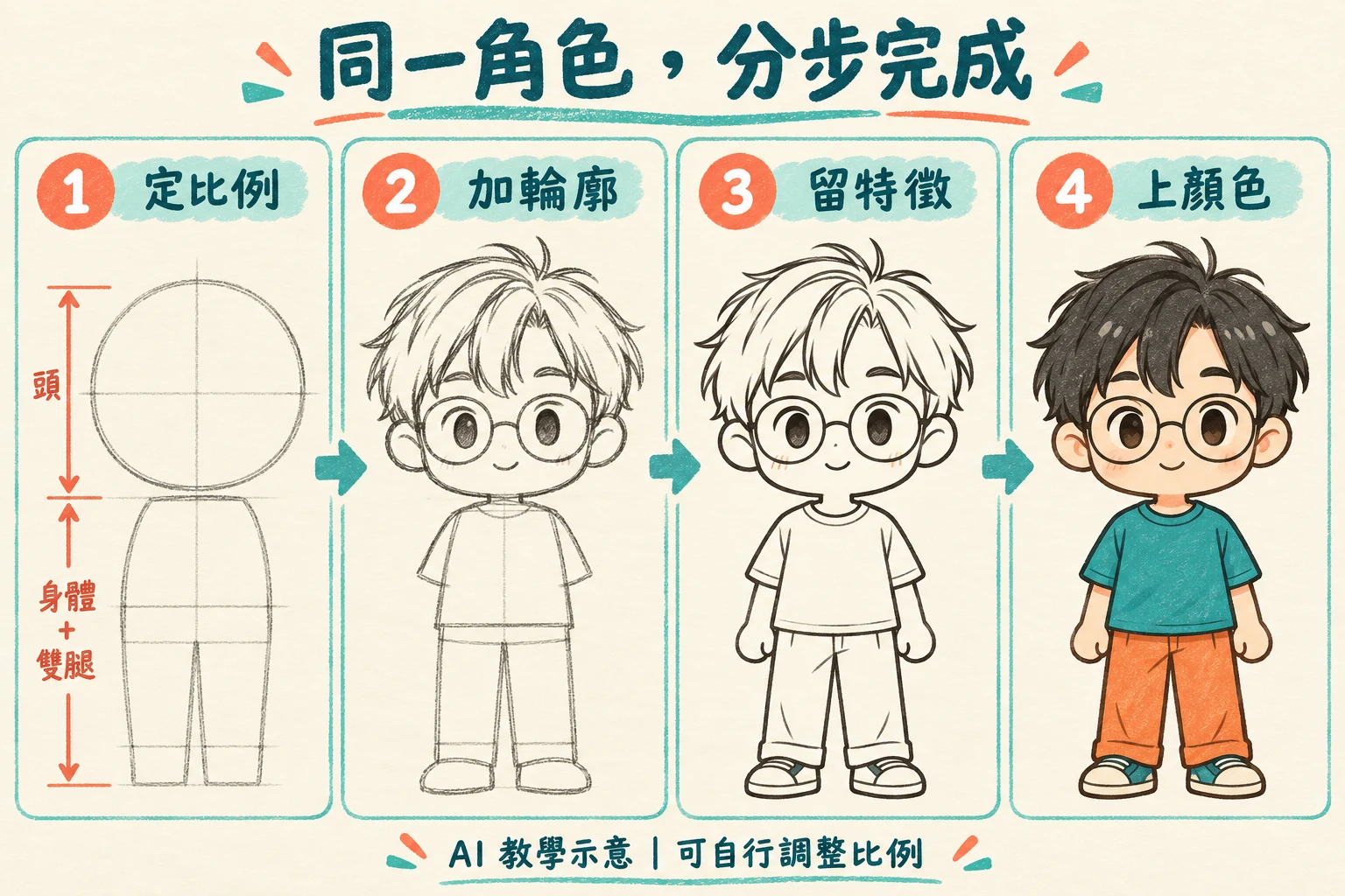 同一位原創短髮眼鏡人物,依定比例、加輪廓、留特徵、上顏色逐步完成的四格圖;AI 教學示意。