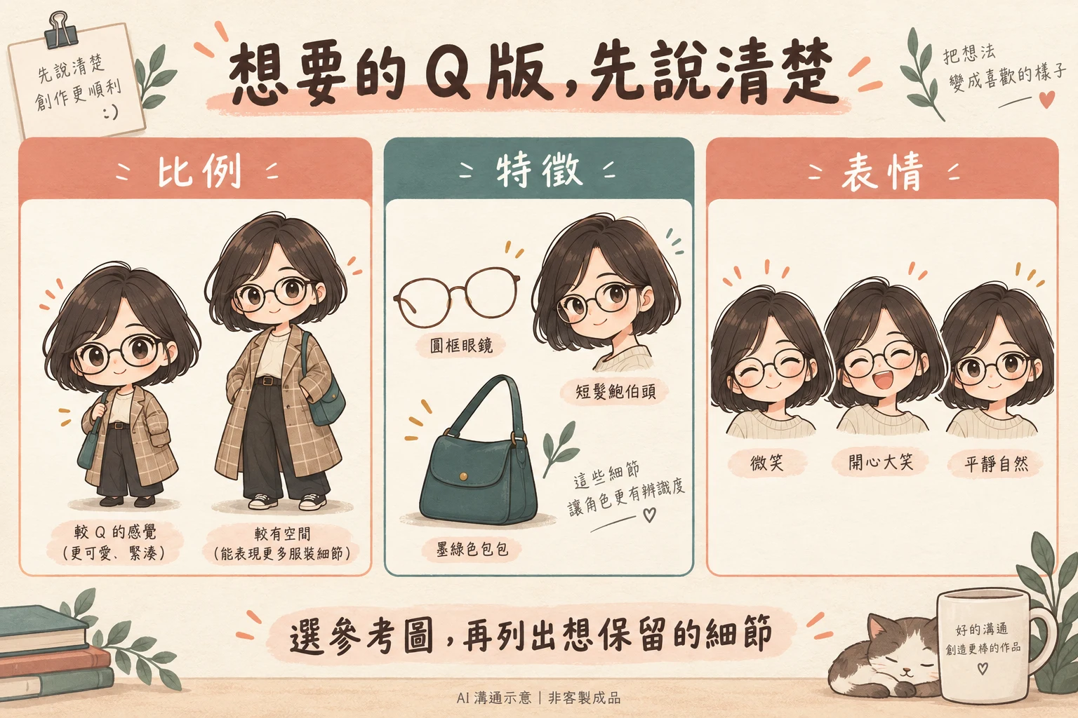 「想要的 Q版，先說清楚」三格圖，以比例、特徵與表情整理參考圖觀察重點；AI 溝通示意，非 PPBears 客製成品。