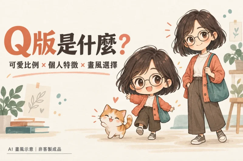 Q版是什麼？短髮、圓框眼鏡與綠色肩包的虛構人物，以不同身形比例呈現；AI 畫風示意，非 PPBears 客製成品。