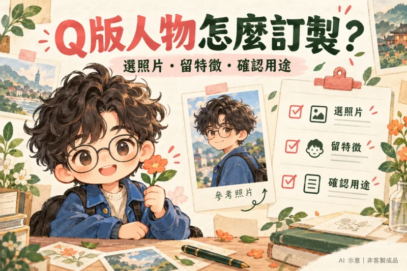 Q版人物怎麼訂製：以虛構捲髮眼鏡人物及需求清單呈現選照片、留特徵與確認用途；AI 示意，非 PPBears 客製成品。