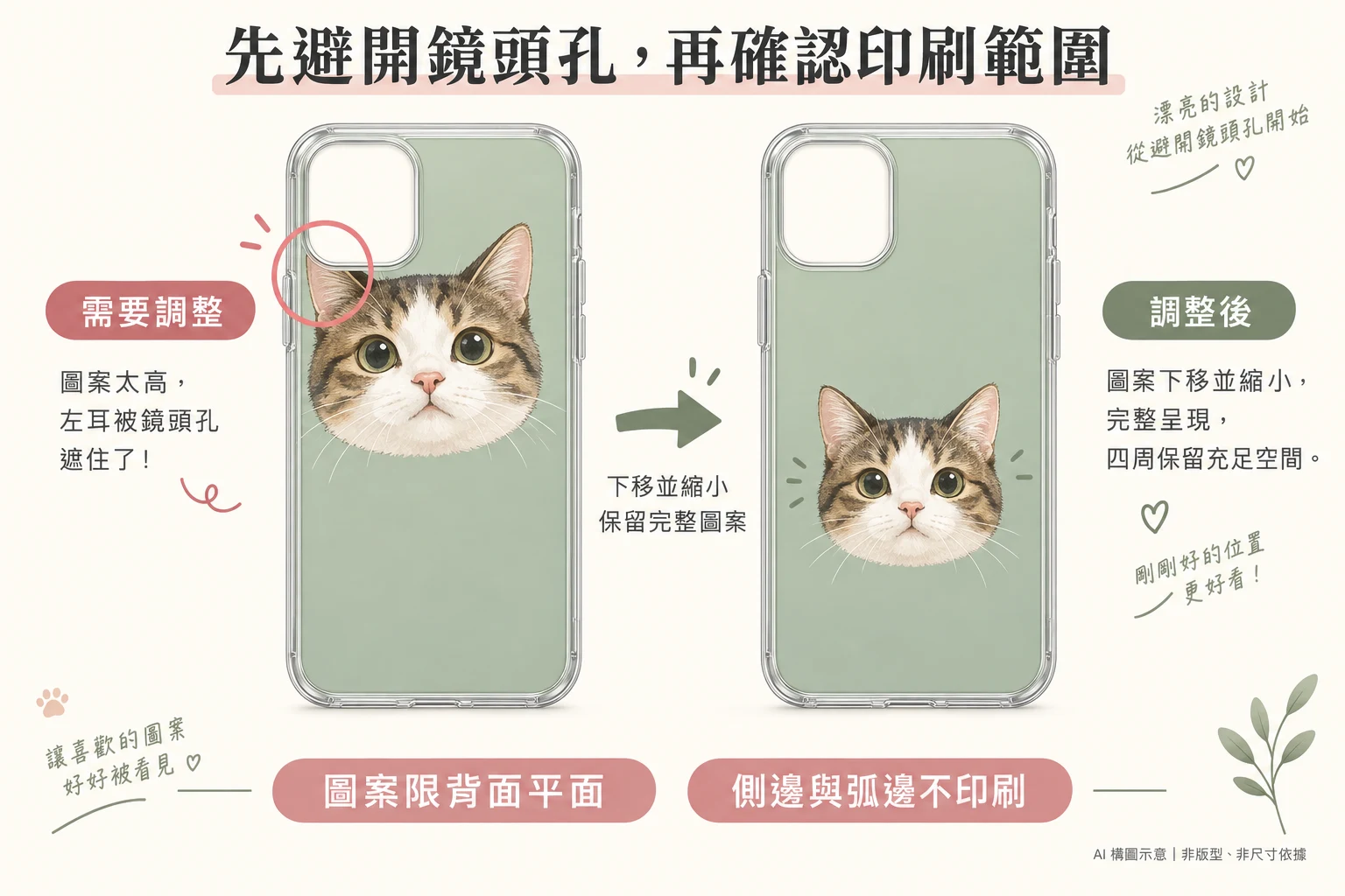 貓咪耳朵被鏡頭孔遮住時，可調小並移動圖案，再檢查四周空間。圖案限背面平面，側邊與弧邊不印刷；AI 構圖示意，非版型或尺寸依據。